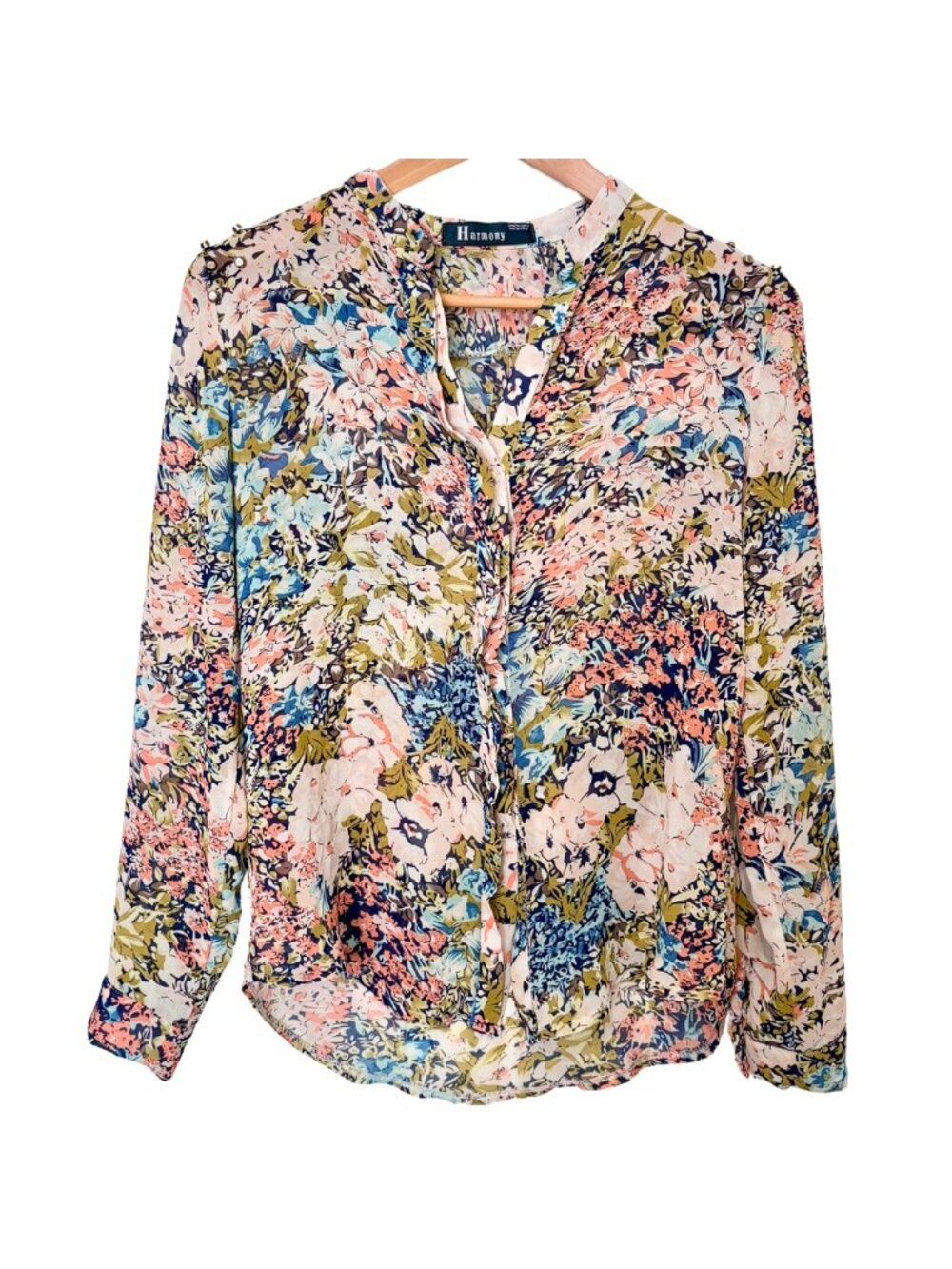 Pastel Floral Gold Studded Chiffon Semi-Sheer Button Down Blouse – Harmony, S